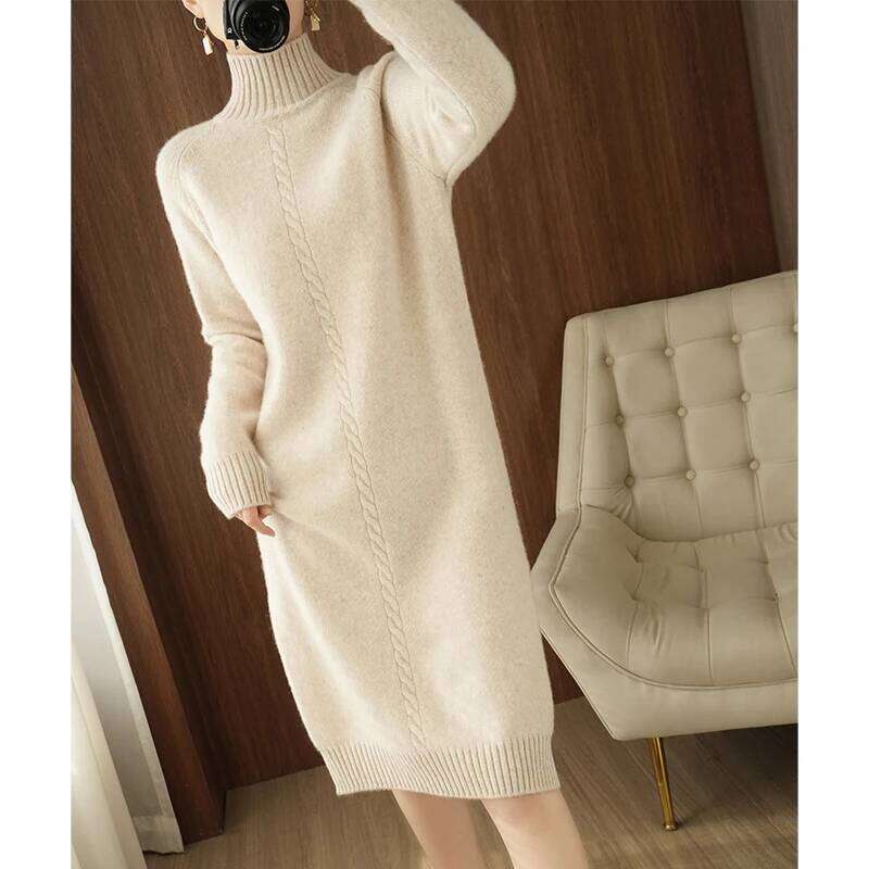 2025Thick Warm 100%Wool Long Sweater Women Autumn Winter High-Neck Over-The-Knee Cashmere Knit Dress Large Size Base Shirt Z260314