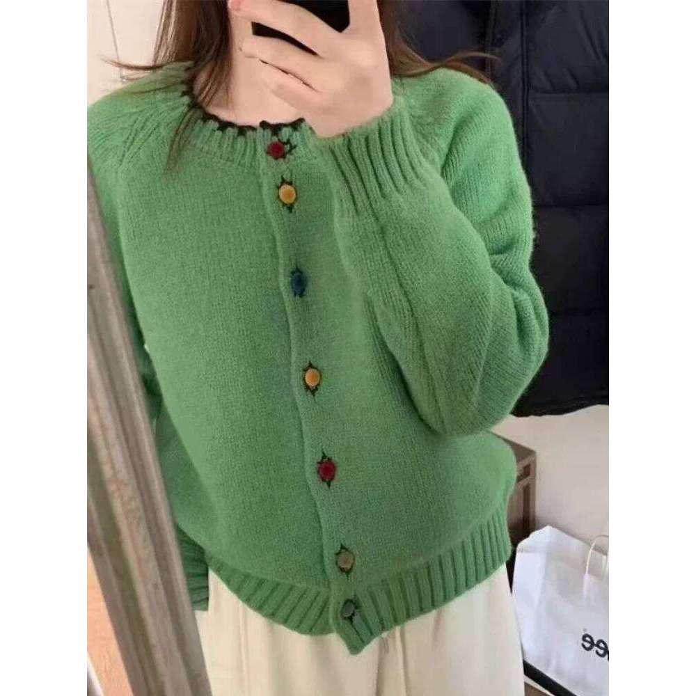 2026 Autumn Winter Coat Loose Fit O-Neck Knitted Cardigan Women's Single Button Contrast Color Lazy Korean Style Sweater Z260313