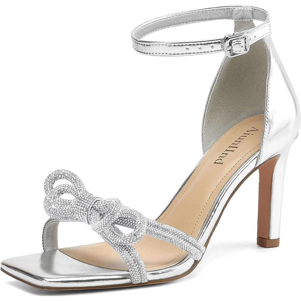 Women S Double Bowknots Heels Square Open Toe Ankle Strap Rhinestone Dress Shoes For Party Wedding MOJIDASHU