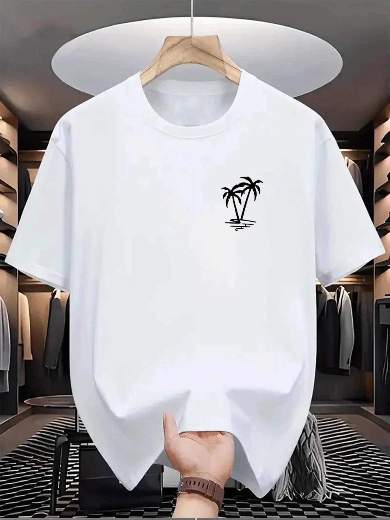 Mens summer 100 cotton fashionable casual loose coconut tree pattern printed sports round neck short sleeved T-shirt top D260313