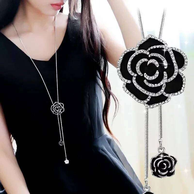 Fashion Black Rose Flower Long Necklace Sweater Chain Metal Crystal Pendant Necklaces Adjusted H260312