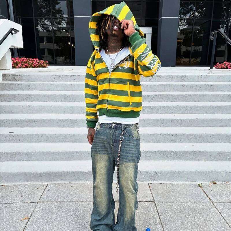 Y2K Street Kid Zip Up Hoodie Stripe Rivet Embroidery Pattern Sweatshirt New Men Hip Hop Fashion Streetwear Unisex Boxy Clothing Z260315