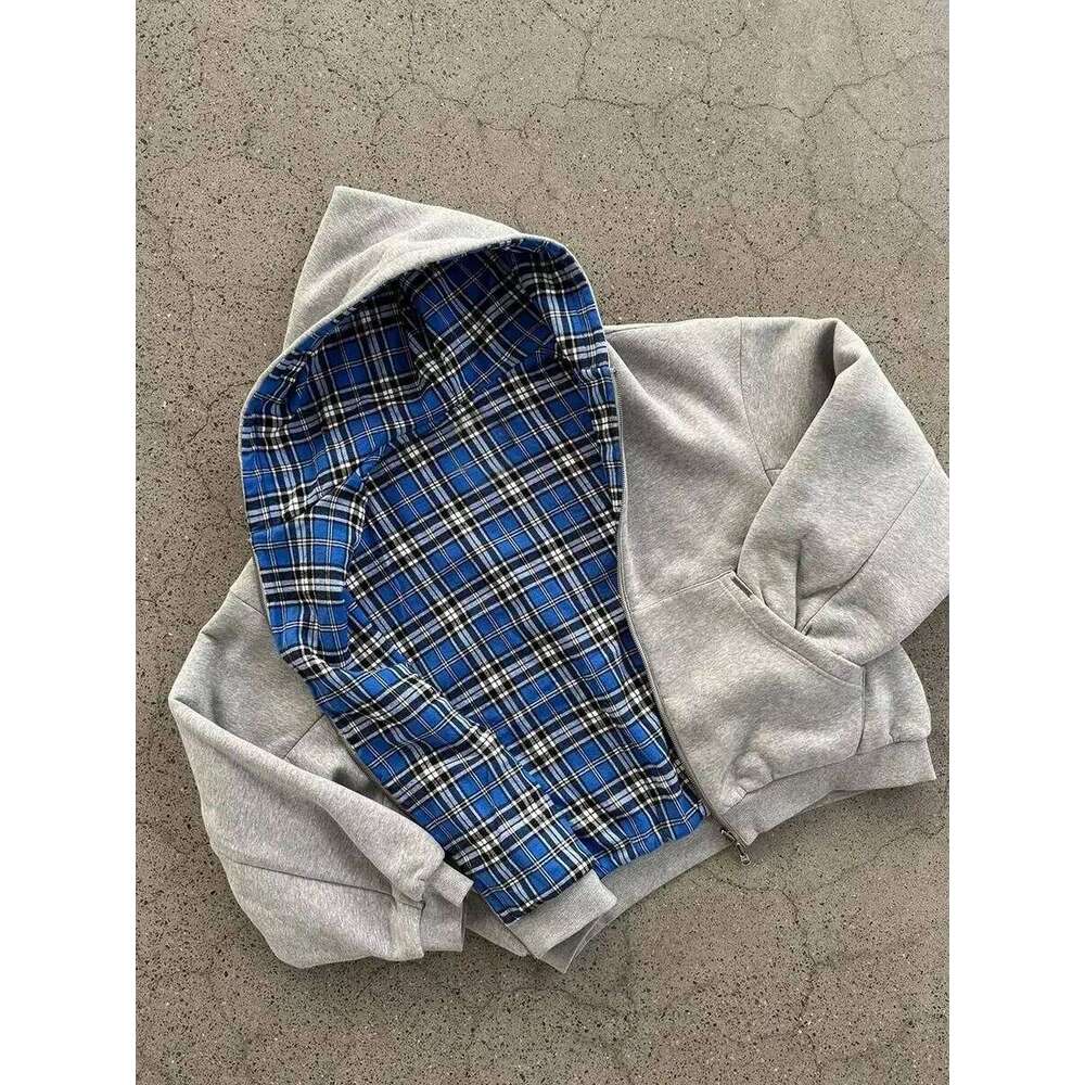 Korean Fashion Simple Gray Double Sided Oversize Zipper Hoodie Men Clothes Women Y2K Harajuku Goth Casual Top Couple Street Wear Z260314