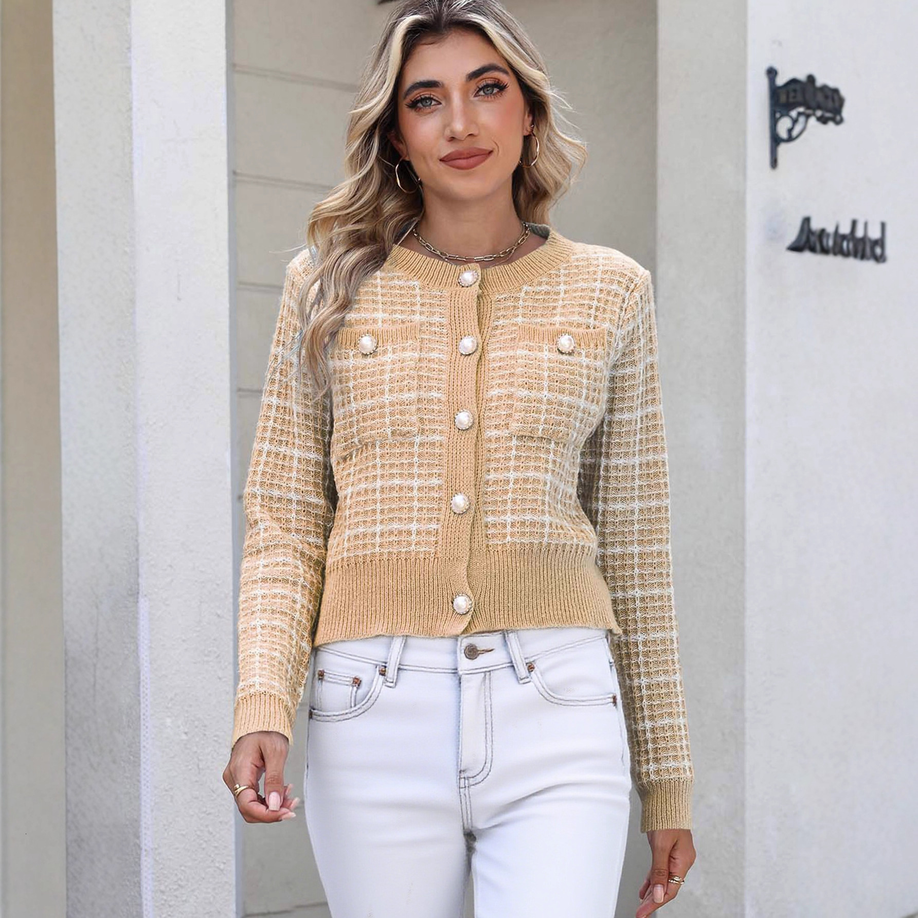 Luxury Brand Designer Clothes 2025 European And American Women's Fashion Plaid Knitted Cardigan, Elegant Jacket With Pearl Buttons, Stylish Women