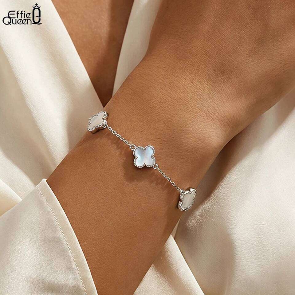 EFFIE QUEEN Chic 925 Sterling Silver White Shell Four-Leaf Clover Bracelet Lucky Symbol Romantic Gift for Casual Wearing GMB68 Z260313