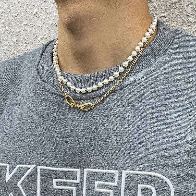 Double Layer Choker for Man y2k Pearl Beads Chain Necklace Statement Chains Men Neck Jewelry Accessories H260312