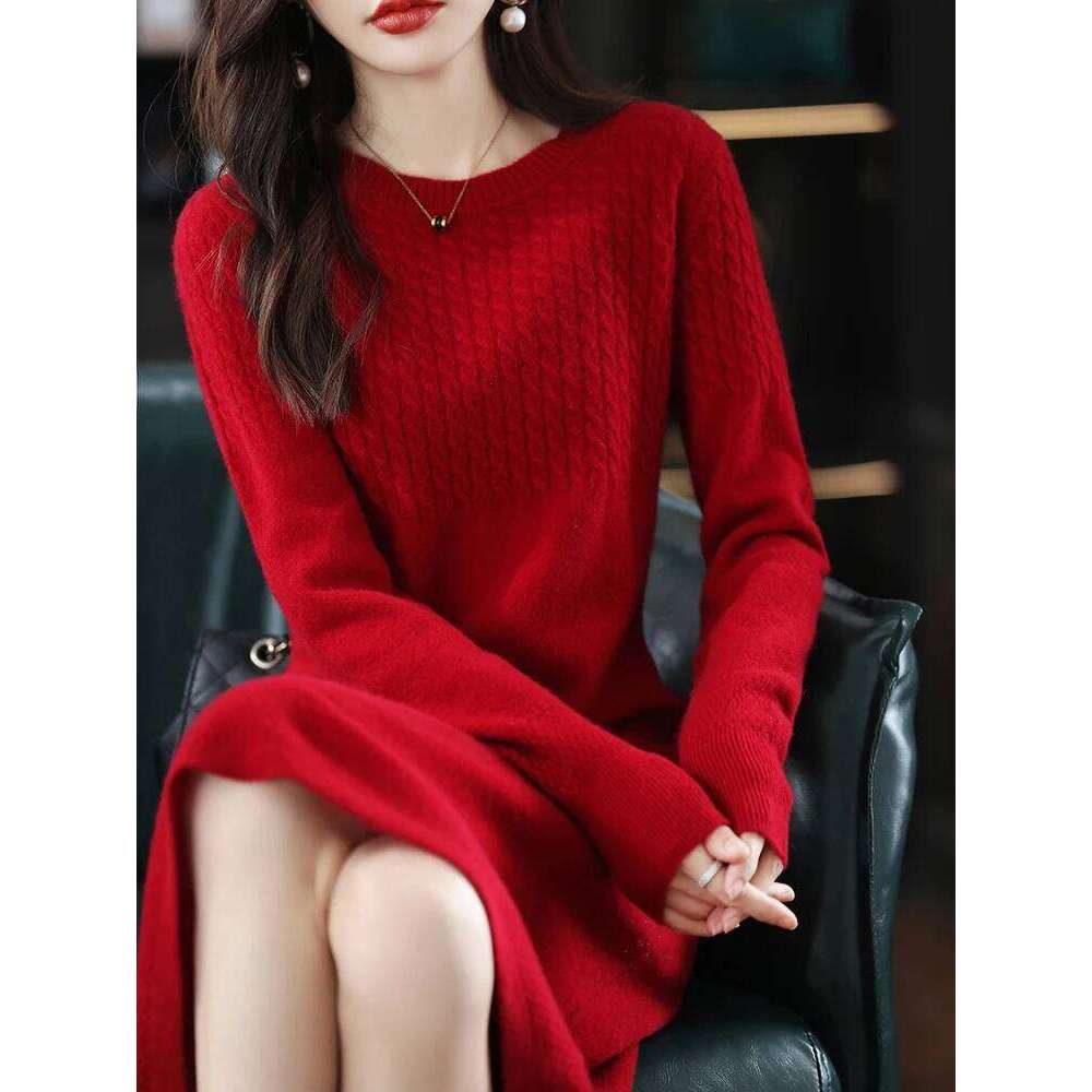Round Neck Cashmere Women's Long Pullover Sweater Autumn And Winter New Knitted Knee-Length Pure Wool Dress Z260314