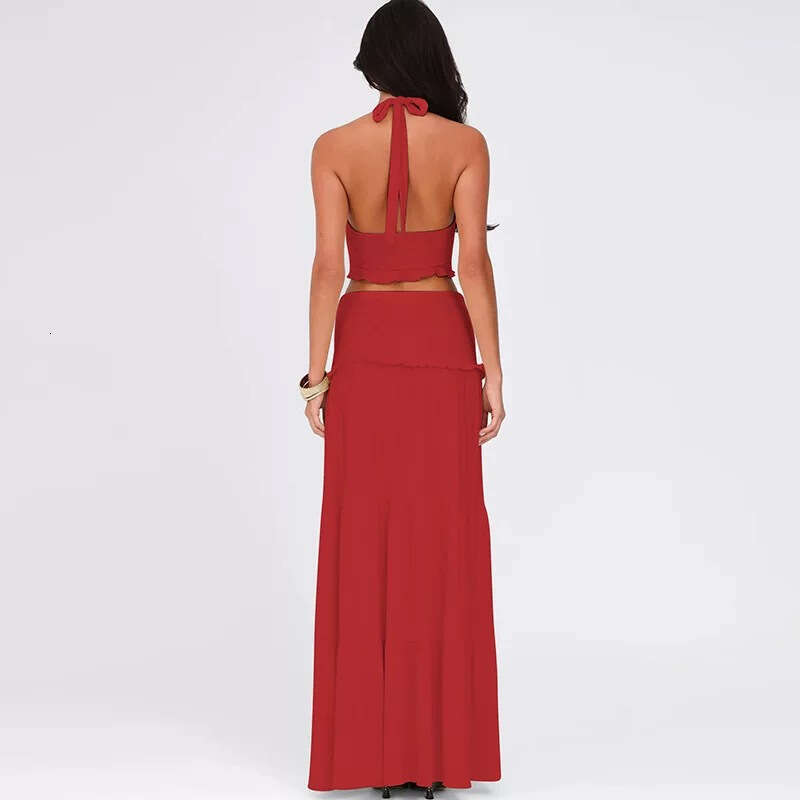 2026 spring and summer women's niche fashion sexy backless and navel exposed top low waist long skirt set
