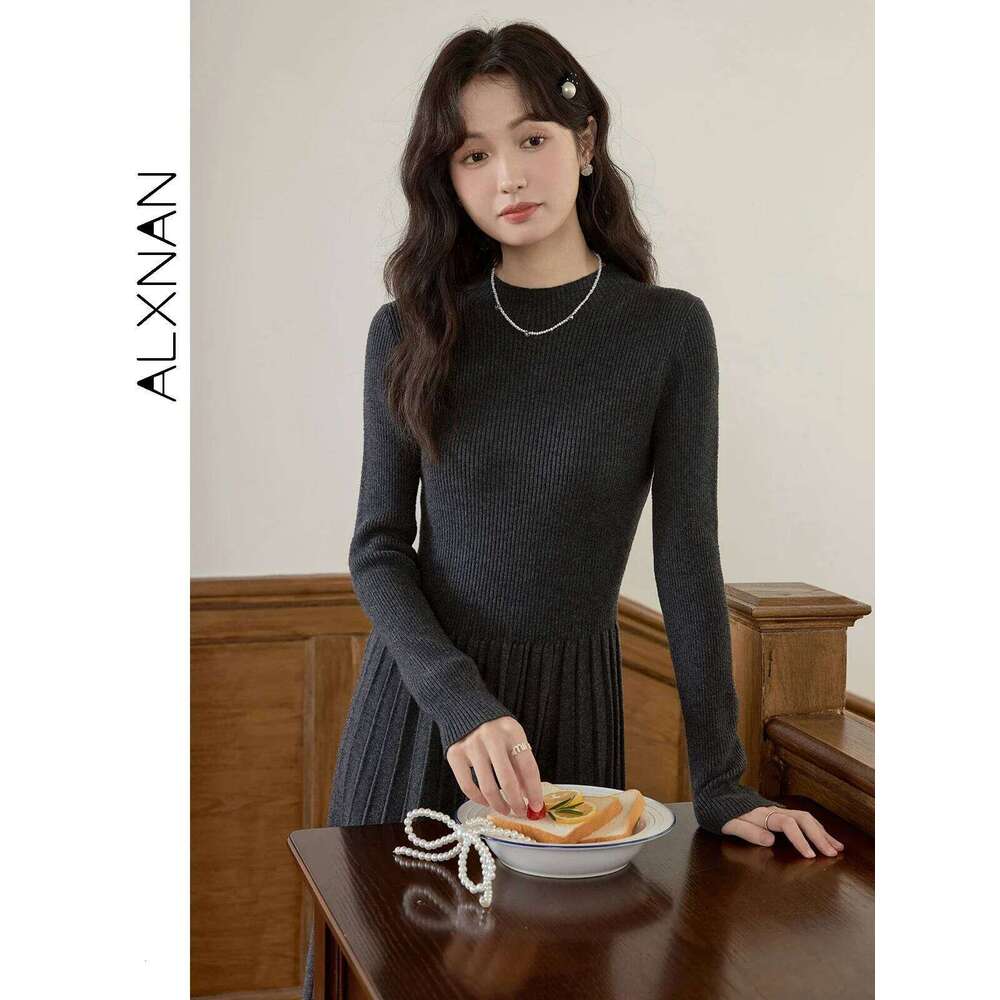 ALXNAN Women's Knitted Autumn Winter Warm A-line Dresses Elegant Office Style Casual Long Sleeve Midi Dress L52017 Z260314