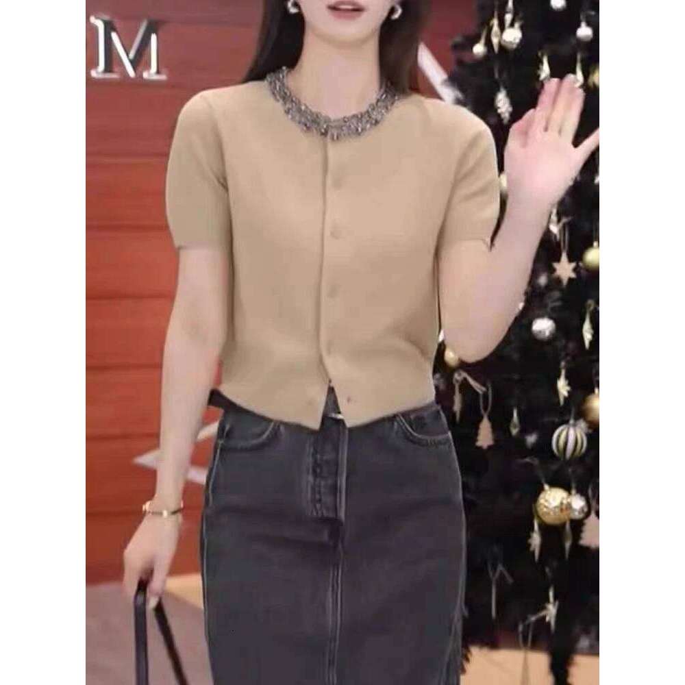 Summer Women's Sweater Cardigan Beading Short Sleeve Single-breasted Tops Tees Vintage Korean Fashion Ladies Jumpers Z260313