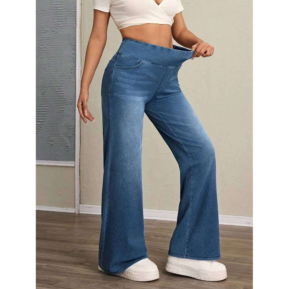 Women's high-rise wide-leg jeans with tummy tuck, slim fit, made from stretch denim fabric, are stylish for casual everyday wear Z260313
