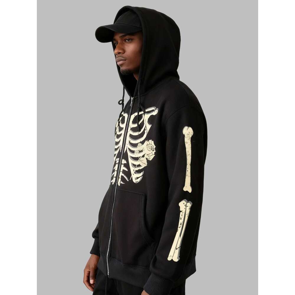 New hooded zip-up Men Winter 100%Cotton skeleton print woman Vintage fleece sweatshirt Casual fall clothes y2k oversized hoodie 26Y0313