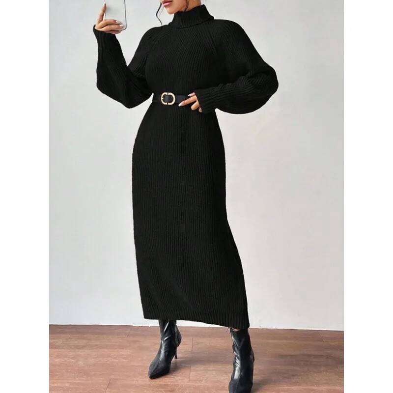 autumn winter thicken women turtleneck knitted Dresses Fashion straight Casual loose bottoming Dress Solid Maxi sweater dress Z260313
