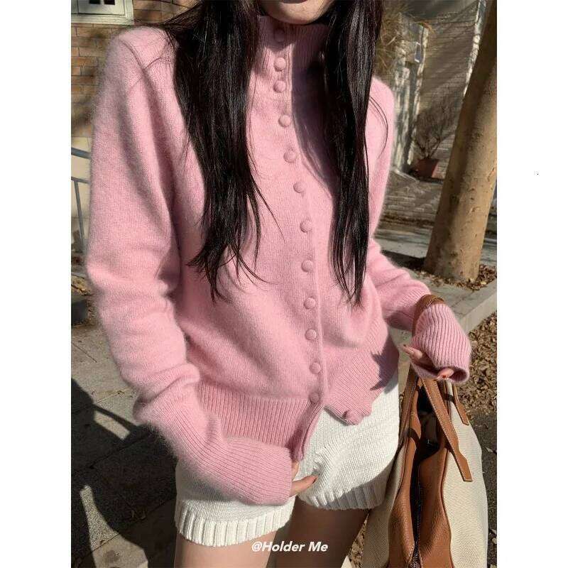 Deeptown White Basic Turtleneck Women Knitted Cardigan Pink Old Money Style Yellow Korean Fashion Sweaters Slim Casual Winter Z260313