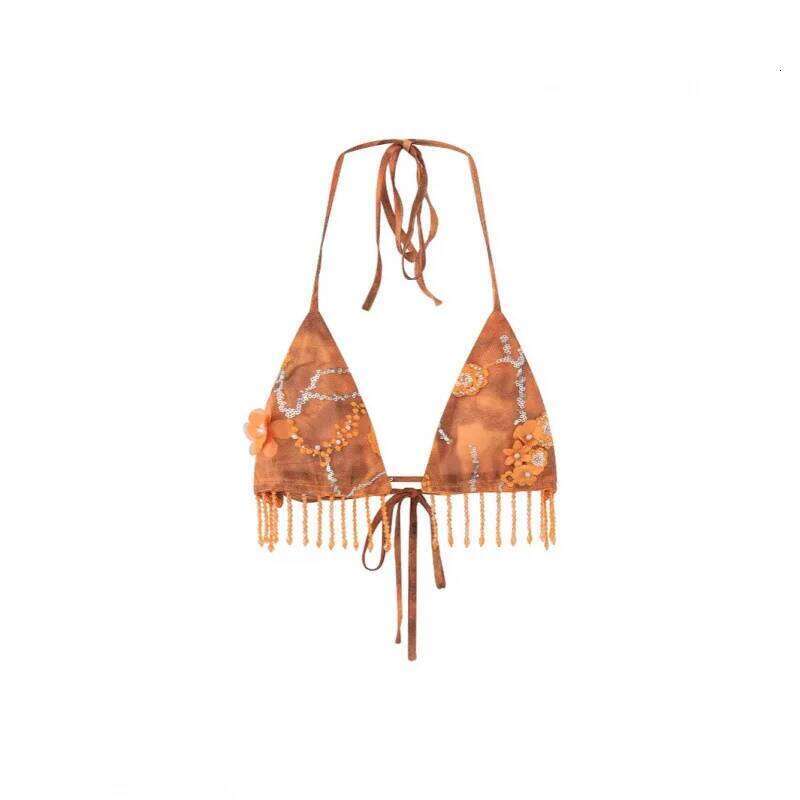 Sexy Fringe Skirt For Women's Summer Vintage Fashion Embroidery Tie Dye Orange Beach Vacation Style Bikini Three-piece Set Y260303