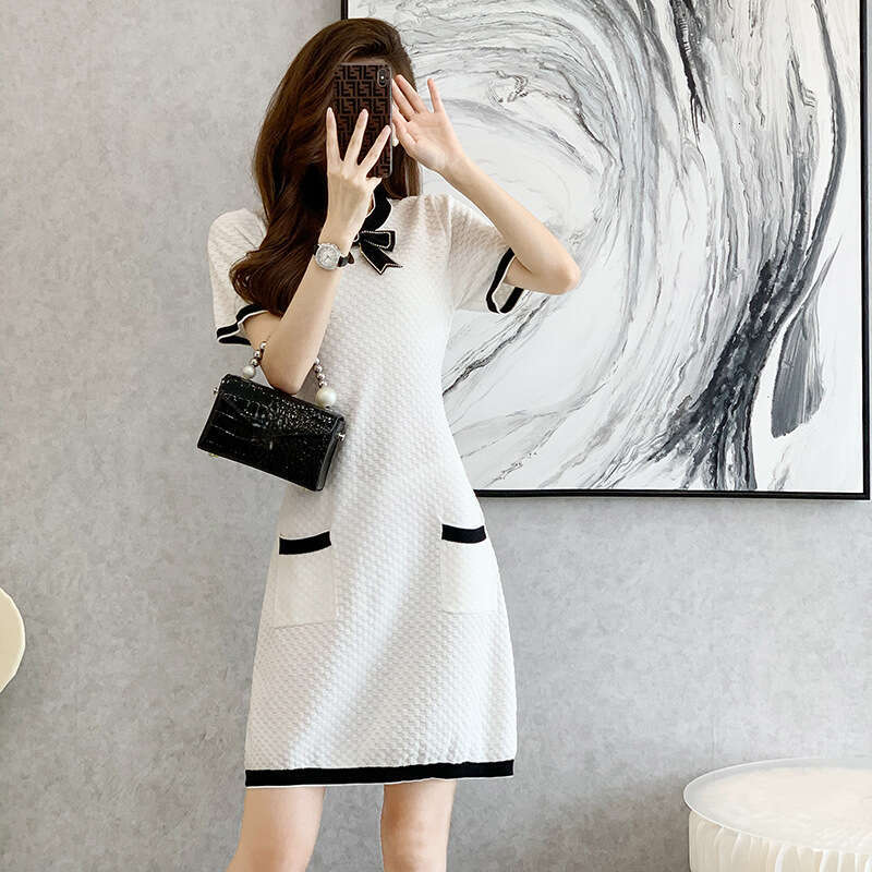 2026 Summer New Women's Knitted Short Sleeve Small Fragrant Style High Waist A-line Slimming Ice Silk Dress