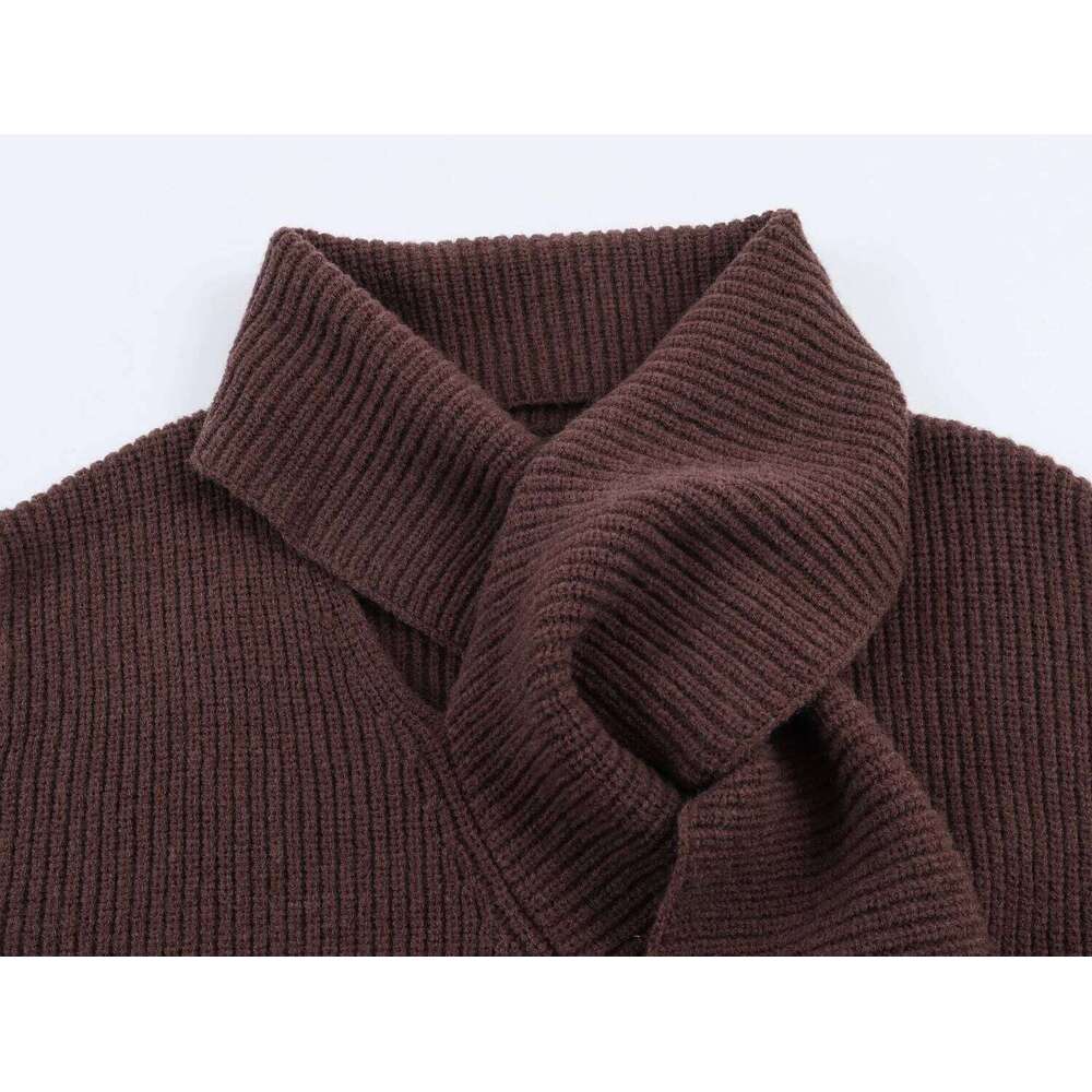 European and American 2025 Winter New Women's Casual Versatile Simple Long Sleeve Ribbed Knit Scarf Neck Pullover Z260313