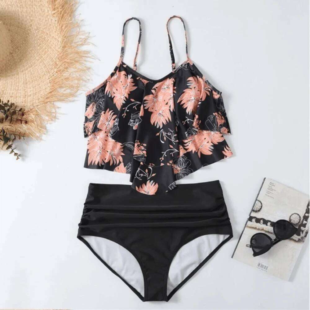 U-neck Sleeveless Floral Printed Swimwear Split Skinny Solid Color High Waist Bikini Striped Design Nylon Material Y260303