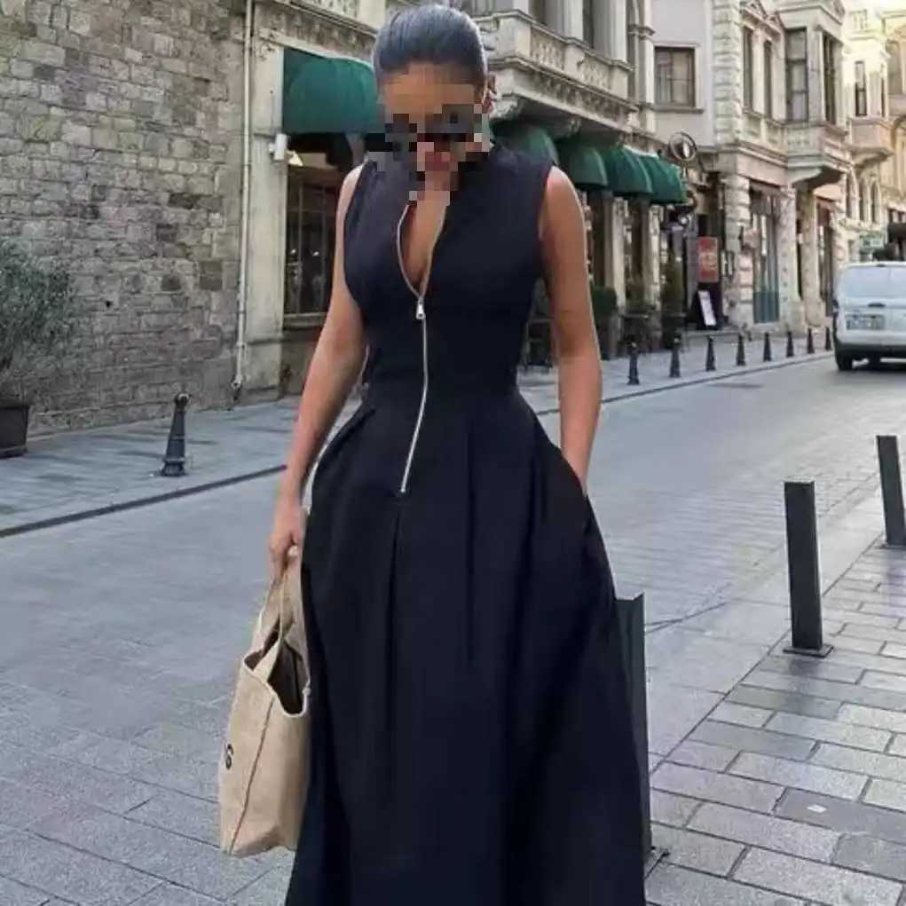 Elegant Sleeveless round Neck French Style Midi Dress Waist Cinched Street Trend Long Skirt Polyester Fabric Pure Color PrintT260314