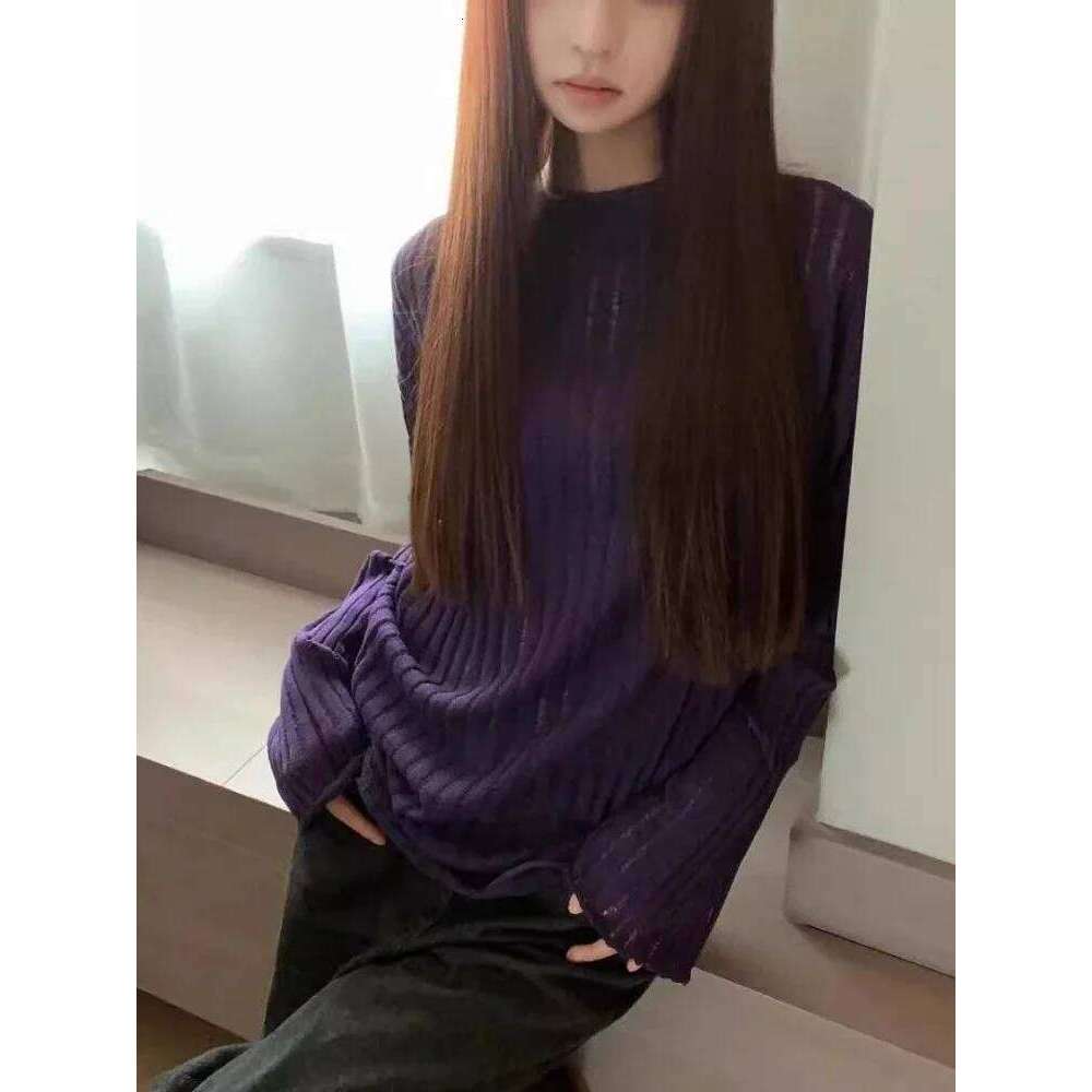 2025 Streetwear Vintage Purple Autumn Sweaters Harajuku Grunge Flare Sleeve Jumpers Loose Knitted Women Hollow Out Pullovers Z260313