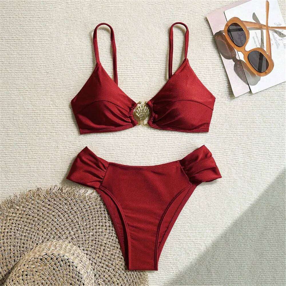 Metal Shell Ring Swimwear Sexy Wine Red Sets Swimsuit Women 2025 Ruched Bathing Suit Swimming Wear Bikinis De Mujer Y260303