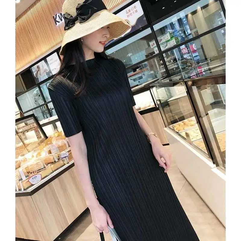 Long Pleated Dr PP Series Small Stand Collar Straight Tube Skirt Casual Sle Polyester Fiber Spring Summer New plus SizeT260314