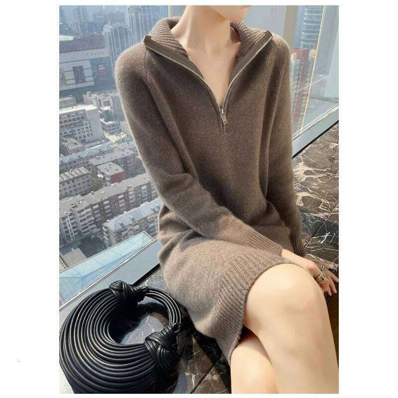 Autumn Winter Knitted Turtleneck Women's Long Skirts Loose Solid Color Versatile Sweaters for Outer Wear Z260314
