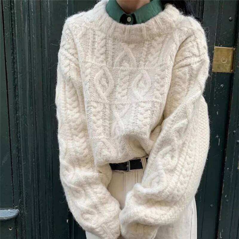 Autumn Winter Thicken Warm Cropped Knitted Pullover Women Japanese Twist Sweater Woman Lazy Style Baggy O-Neck Jumpers Z260313