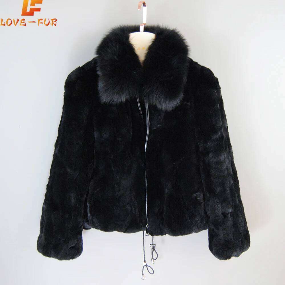 New Style Women Winter Warm Soft Quality Coat Rex Rabbit Short Jacket Big Real Fox Fur Collar Overcoat Z260313