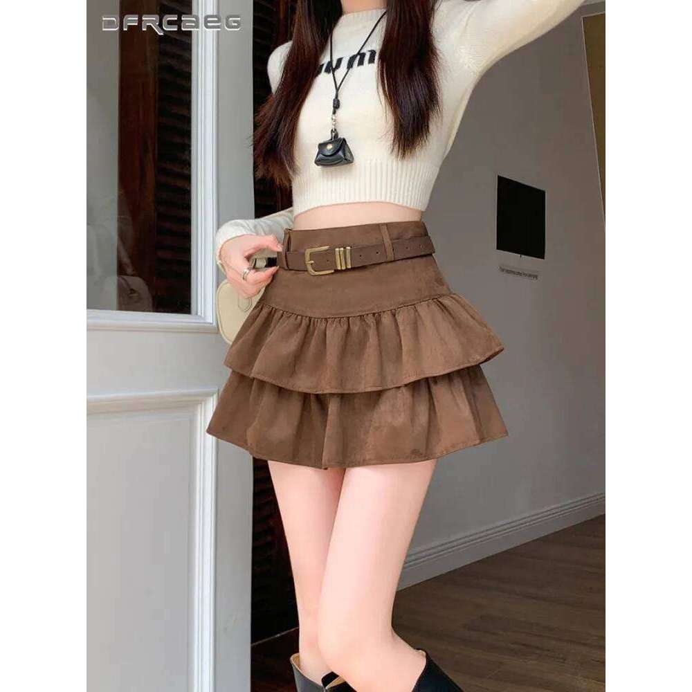 Korean Style Vintage Sweet Cool Suede Cake Skirt For Women Autumn Winter Streetwear Double Layered Short Skirts Woman Z260314