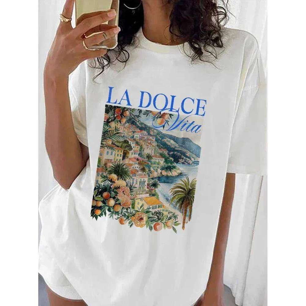 La Dolce Vita Fun Letter Cartoon Print T-Shirt O-Neck Short Sleeve Basic Top Trendy Versatile Travelwear Female Clothing Z260314