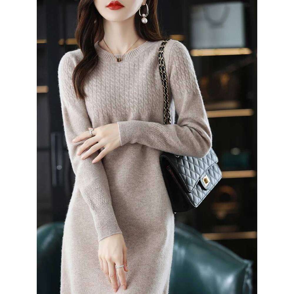 Round Neck Cashmere Women's Long Pullover Sweater Autumn And Winter New Knitted Knee-Length Pure Wool Dress Z260313