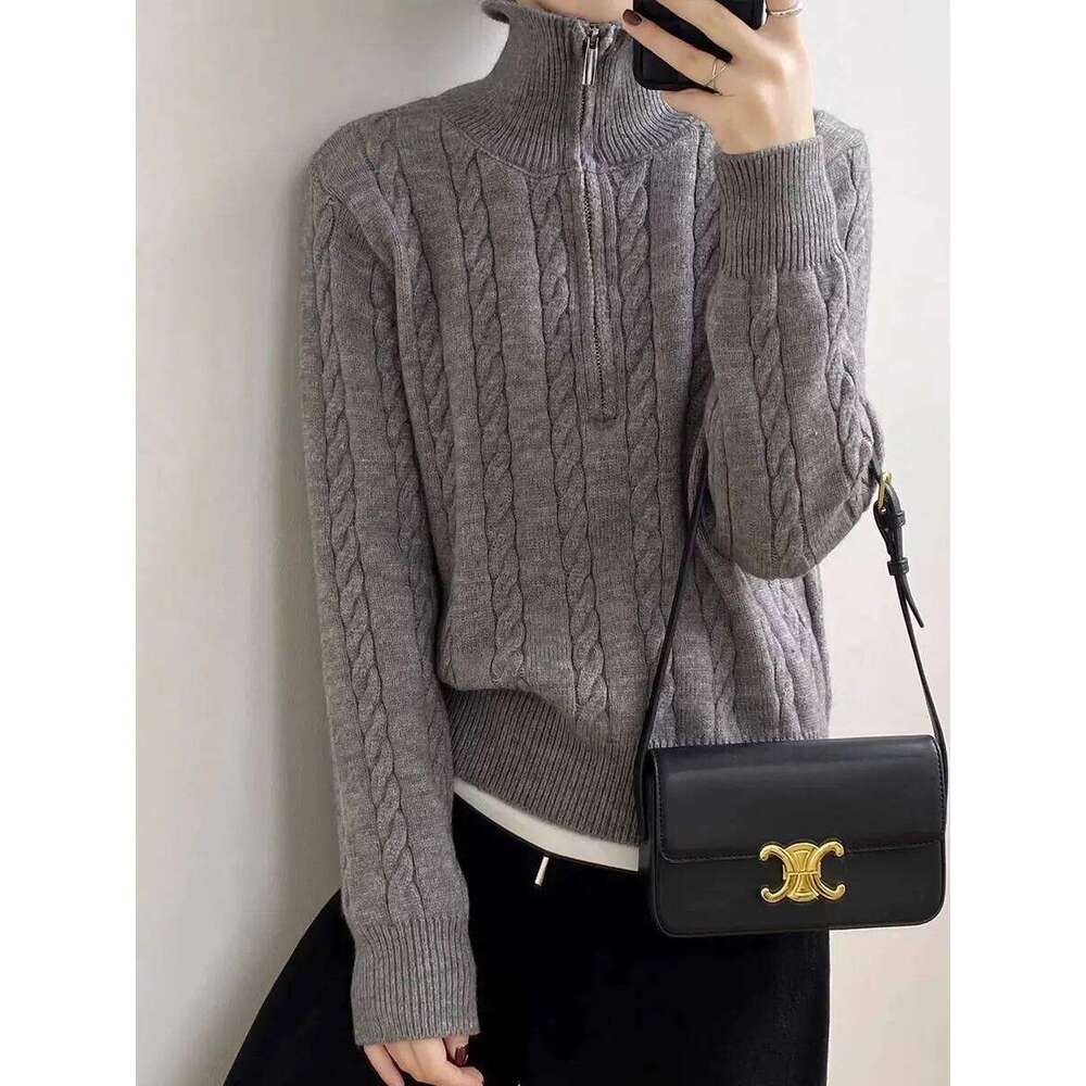 Vintage Cable Knit Half Zip Sweater Women Autumn Winter Thick Lapel Loose Fit Versatile Long Sleeve Cozy Casual Pullover Top Z260313