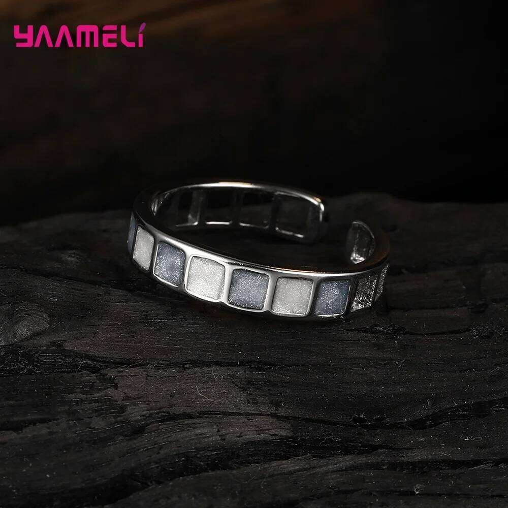 925 Sterling Silver Jewelry Women Opening Adjustable Ring Glitter Square Wide Band New Fashion Female Accessories H260312
