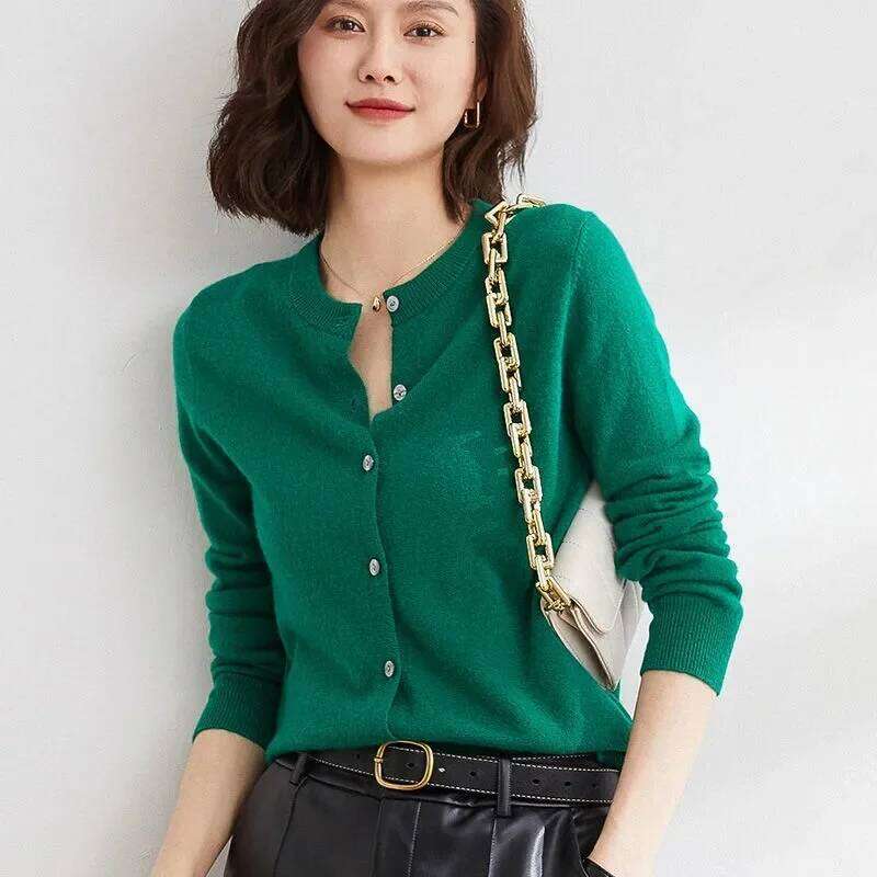 Knitted Cardigan Button Jacket 2024 Autumn Winter O-neck Long Sleeve Casual Short Tops for Women Sweater Grey White Z260313