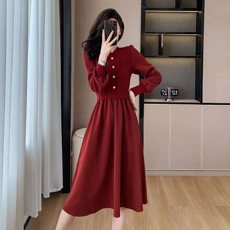 Women NewCasual O-Neck Dresses Autumn Ladies Long Styles Sweater Female Lantern Sleeve Fake Two Pieces Knitted Dress Z260313