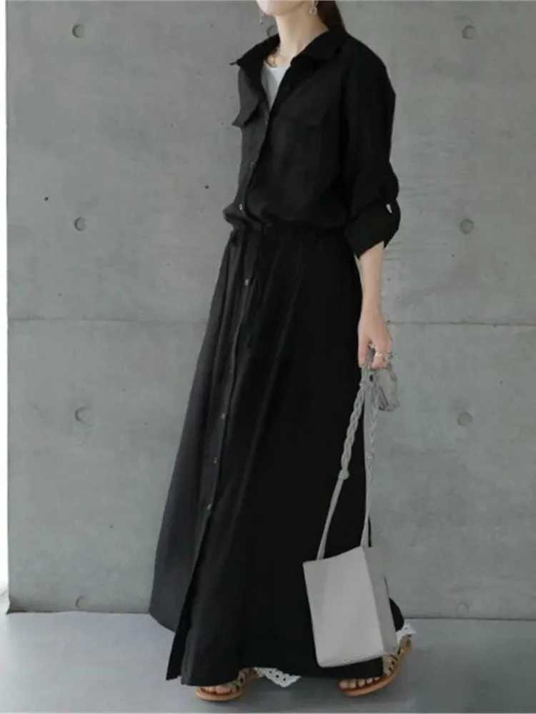 Solid Color Shirts Long Dresses Women Fashion Casual Lapel Long Sleeve Drawstring Elastic Waist Dress Female Commuting ClothingT260314