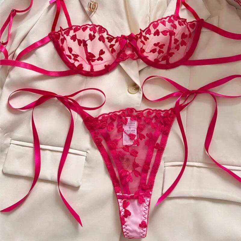 Exotic Fantasy Lingerie Underwire Bra Strap Panties 2Piece Sheer Mesh Embroidery Underwear for Women