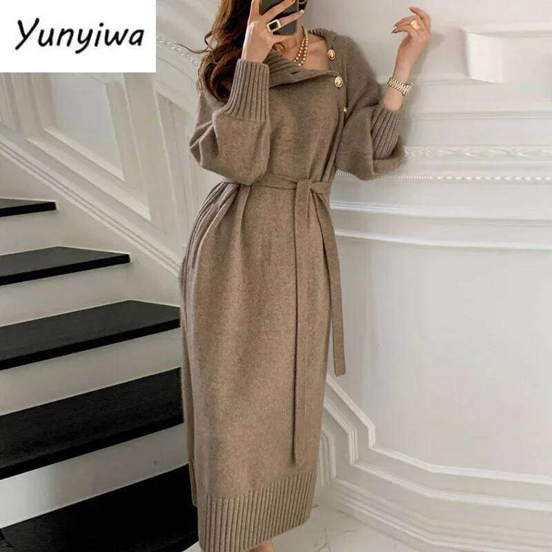 Winter Turtleneck Buttons Women Knitted Elegant Full Sleeve Lace-up Female Thicken Long Dress for Sweater Autumn New Z260314