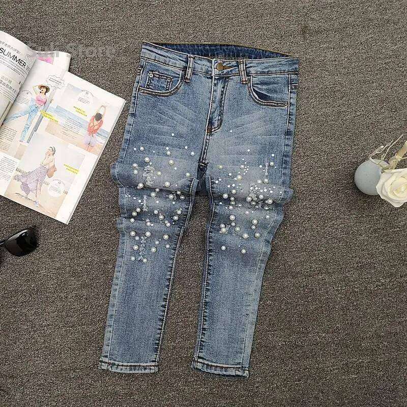 European Station Beaded Jeans Women's Summer 2025 New Versatile Ripped Elastic Skinny Small Foot Nine-point Pants Z260313