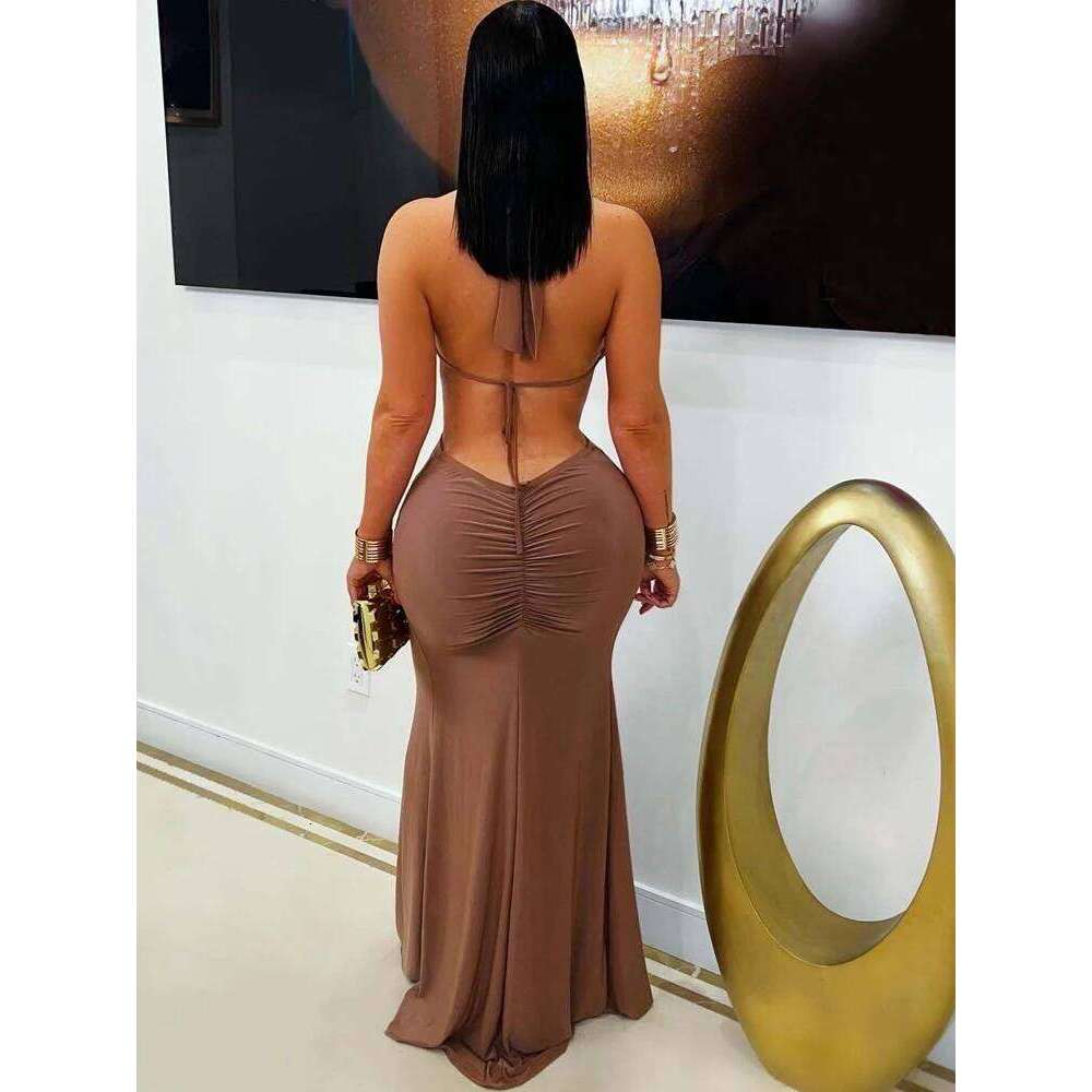 Beyprern New Chic Halter V Neck O Rings Long Maxi Dress Glam Women Sexy Backless Ruched High Slit Party Dresses Birthday Outfits