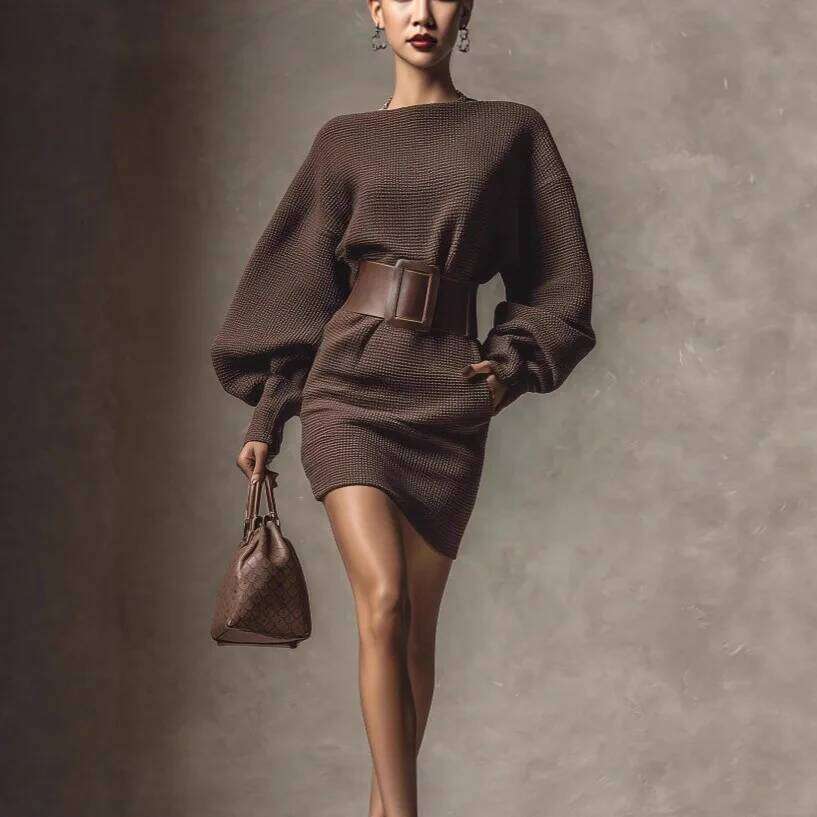 Autumn Winter Solid Knit Sweater Woman Sexy Slash Neck Sashes Slim Mini Retro Batwing Long Sleeve Pullover Dress Z260314