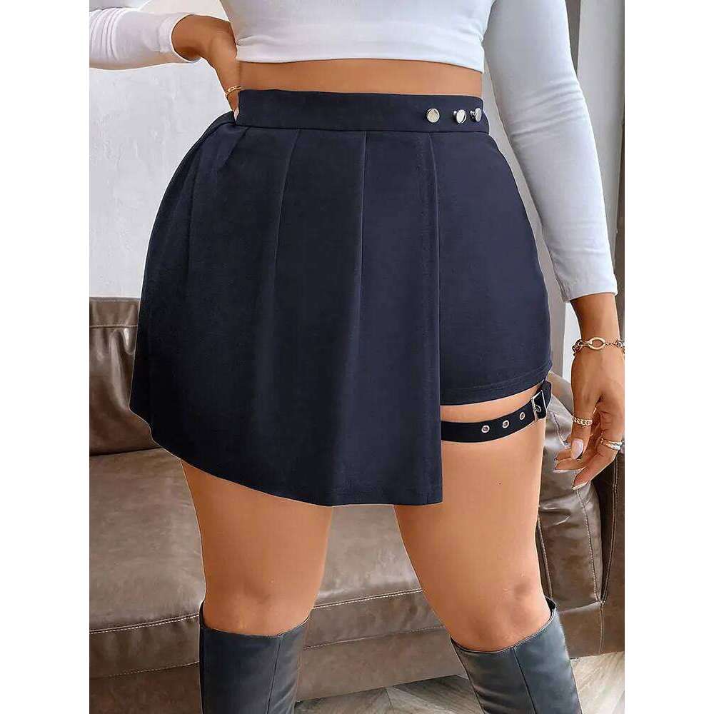 New Plus Size Metal Button Irregular Skirt Pants Sexy Thigh Strap Solid Mini Culottes Fashion Versatile Women's Clothing Bottoms Z260314