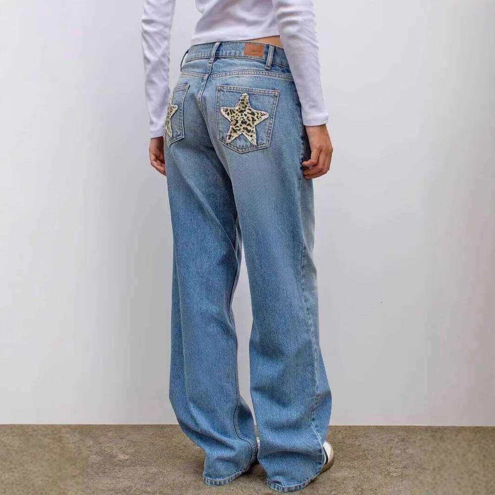 American Retro Street Leopard Stars Patch Patchwork Loose Casual Women Jeans Denim Straight Pants Z260313