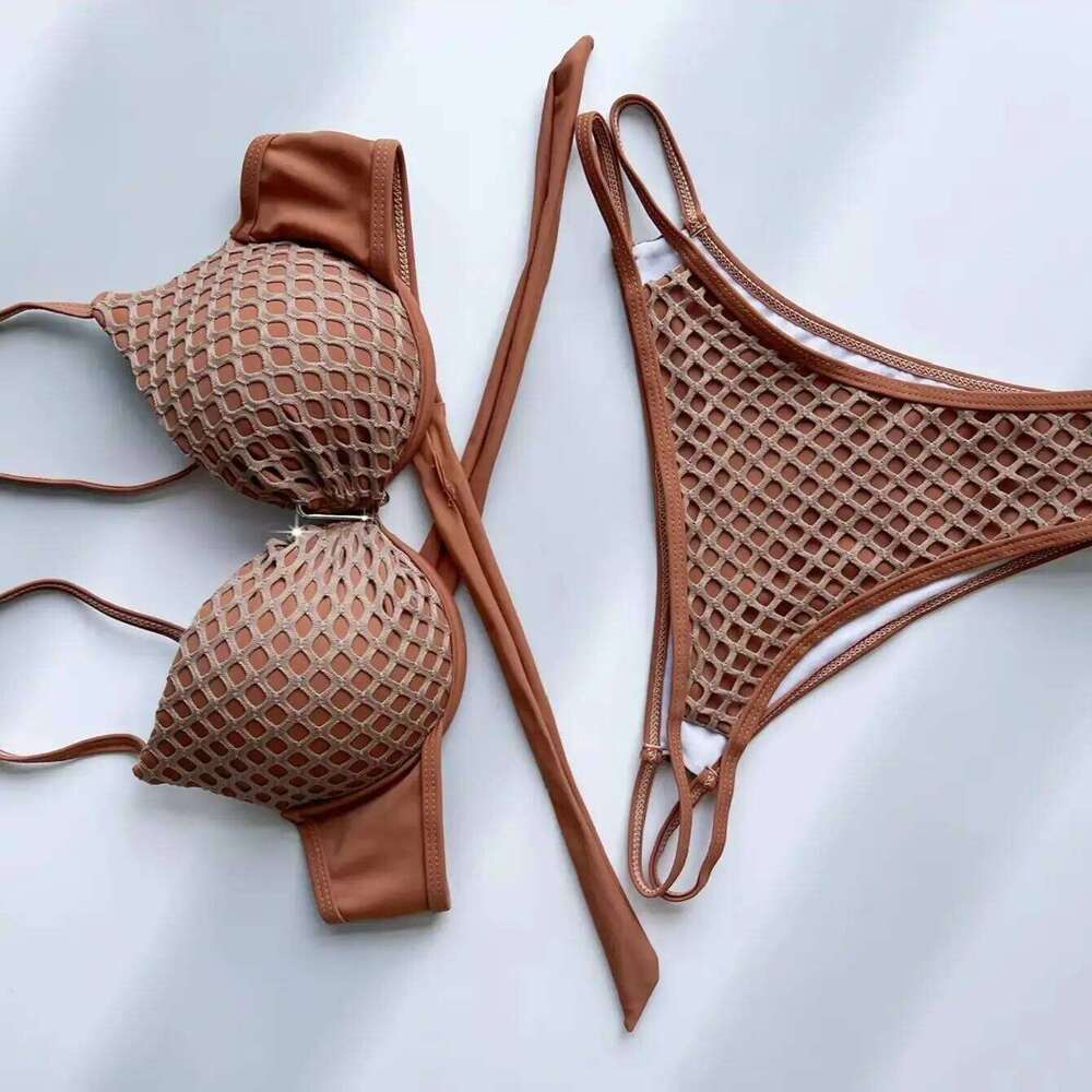 sexy coffee lattice push up bikinis sets two pieces 2024 women tie backless high waist swimsuits bathing suits biquini tankini Y260303