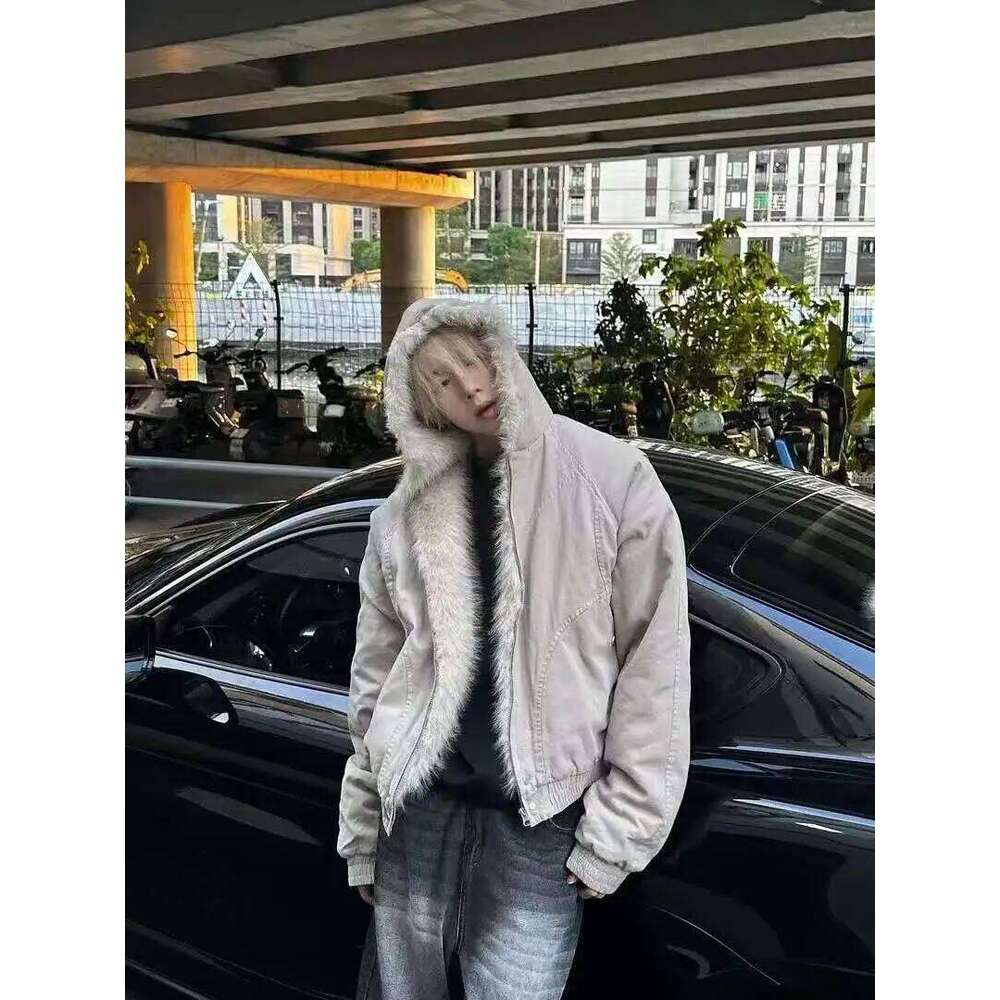 American Retro Winter Thick Woolen Collar Hooded Cotton Plush Top Men Street Hip Hop Gothic Harajuku Oversize Jacket Coat Z260313