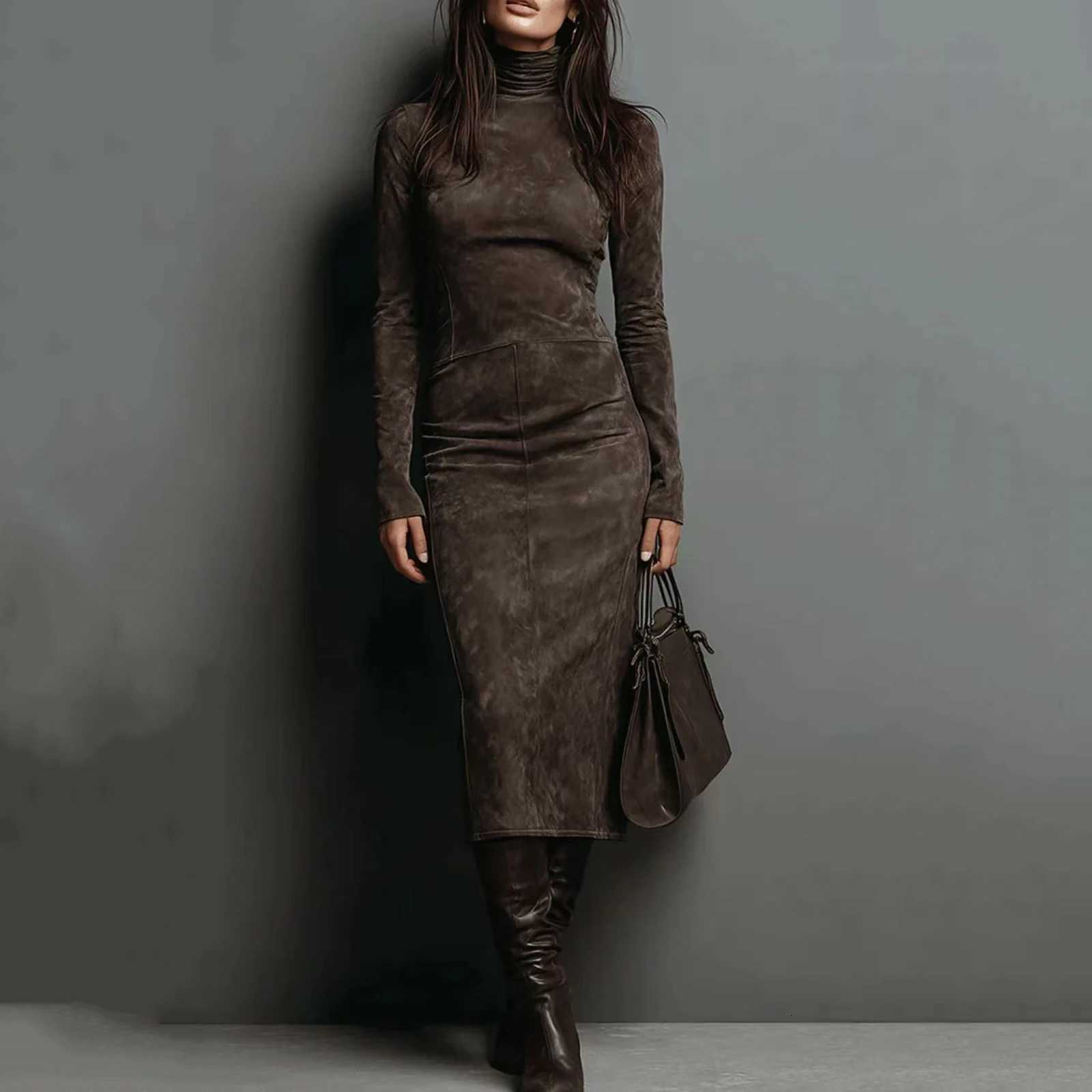 Turtleneck Velvet Bodycon Dress Trendy Long Sleeve Solid Color Midi Dress Chic Slim Fit Wrinkled Fashion Casual Outing DressT260314