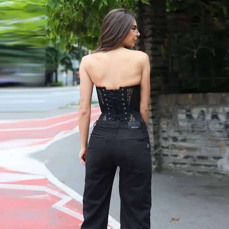 NOW Spicy Girl Sexy Tight Corset Lace Hollow Sleeveless Strapless Top Summer Fashion Women Street Trendy Vest Luanyun luanyun