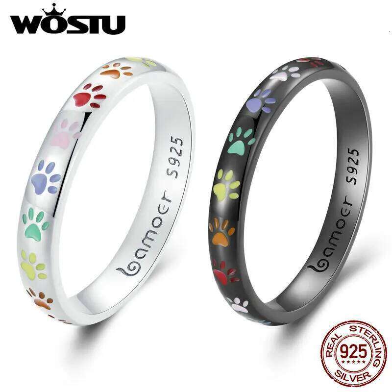 WOSTU 925 Sterling Silver Rainbow Cute Cat Dog Paw Rings Women Cool Black Gold Pet Animal Ring Girl Party Birthday Jewelry Gift H260312