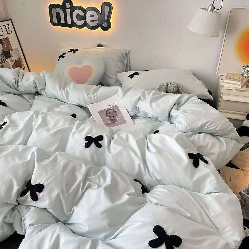 Bedding Set 2024 New Ins Style Minimalist Blue Washing Cotton black bow towel Embroidered Four PIECE Set, 1.5 Bed Sheets H260312 - view 7